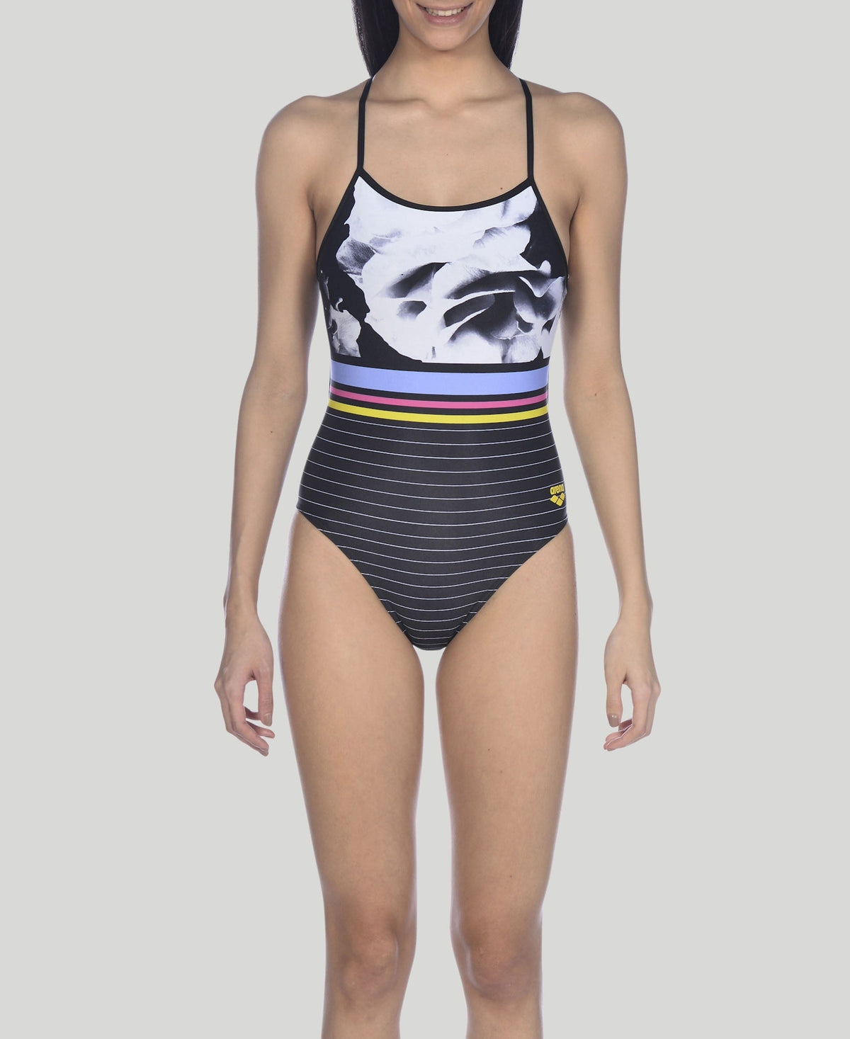 Arena Dark Floral Stripes Accelerate Back One Piece